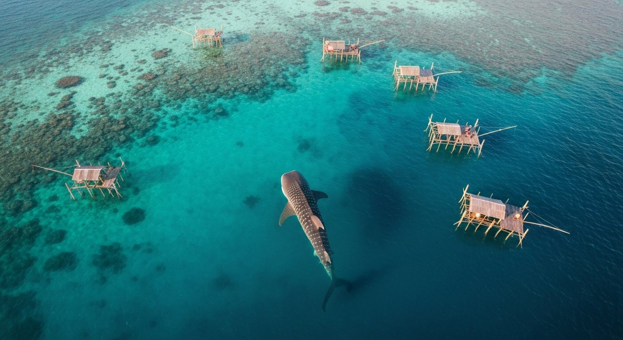 Aerial view of whale shark in Cenderawasih Bay Nabire Papua β Nabire Whale Shark Tours